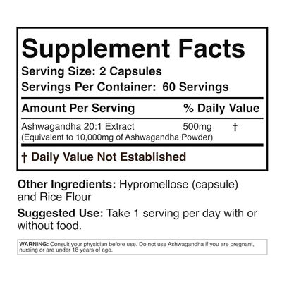 Concentrated Ashwagandha 500mg Capsules Supplements With Hypromellose Rice Flour OEM