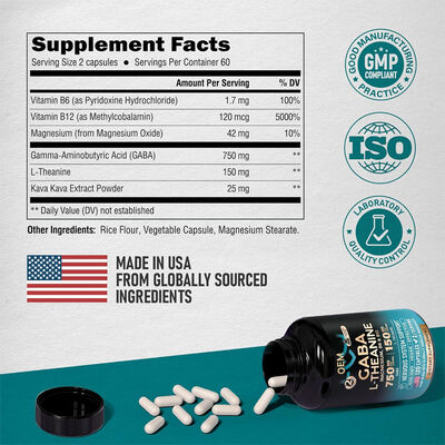 750 mg GABA Capsules Supplements L-Theanine Pills Stress Support Gluten free