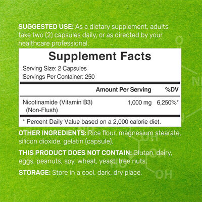 Health Glow Nicotinamide 1000mg Capsules | Non-Flush Vitamin B3 | 500 Capsules