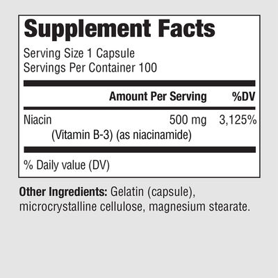 Health Glow Niacinamide 500mg Capsules - Non-GMO Vitamin B3 Supplement for Daily Energy Support - 100 Count