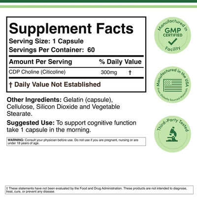 CDP Choline 300mg Capsules for Memory and Focus Support