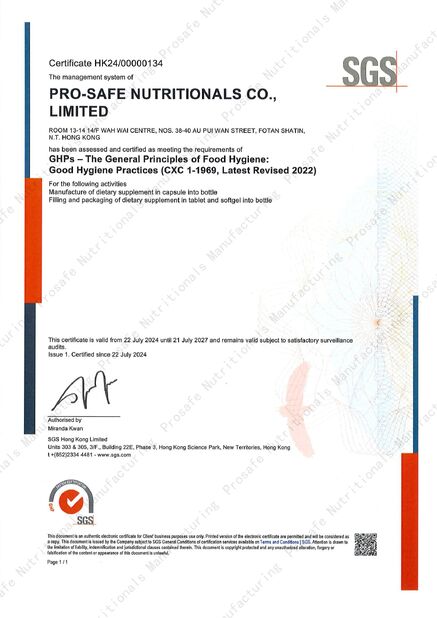 china Pro Safe Nutritionals Manufacturing Co., Ltd certification
